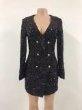Women Sexy Black Sequins double breasted long sleeve career dress