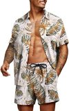Men's Summer Holidays Leaf Print Casual Shirt and Shorts Two Piece Set