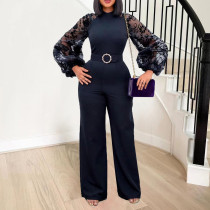 summer mesh puff sleeves solid color chic plus size jumpsuit with belt