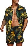 Conjunto de dos piezas de camisa y pantalones cortos informales con estampado de hojas de vacaciones de verano para hombre