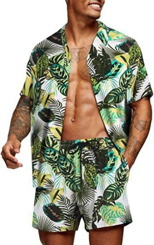 Set da uomo in due pezzi con camicia casual e pantaloncini con stampa di foglie per le vacanze estive