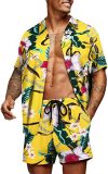 Conjunto de dos piezas de camisa y pantalones cortos informales con estampado de hojas de vacaciones de verano para hombre