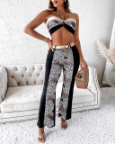 Women sexy leopared printed patchwork halter crop top and pants Two Piece Set