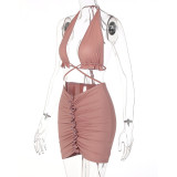 Conjunto de falda fruncida con cordón en la parte superior del tubo trasero sin tirantes sexy de verano para mujer