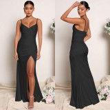 Fashionable and sexy tight-fitting solid color suspenders V-neck slit dress long dress women's dress
