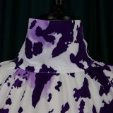 Women Summer Purple Modest Turtleneck Full Sleeves Tie Dye Belted Maxi Dress
