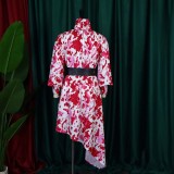 Women Summer Rose Modest Turtleneck Full Sleeves Tie Dye Belted Maxi Dress