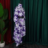 Women Summer Purple Modest Turtleneck Full Sleeves Tie Dye Belted Maxi Dress