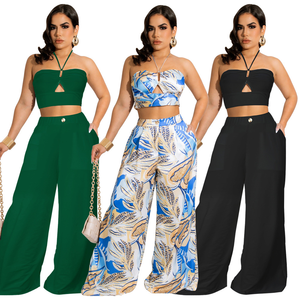 RQYYD Reduced Floral 2 Piece Outfits for Women Sexy Backless Sleeveless V  Neck Crop Top High Waist Wide Leg Long Pant Sets Tracksuit Lounge Set Beige