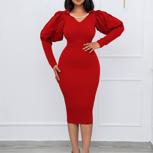 Solid color beaded bodycon tight pearl halterneck plus size dress