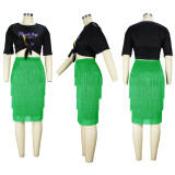 Summer women's printed short-sleeved t-shirt women's fringed fashion skirt suit