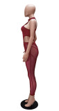 Body de chaleco de cuello redondo de color sólido para mujer Conjunto de dos piezas ajustado transparente de malla sexy