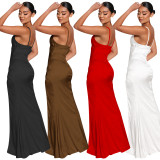 Fashionable and sexy tight-fitting solid color suspenders V-neck slit dress long dress women's dress