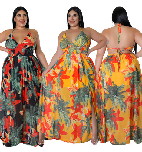 Plus Size Women's Summer Sexy Strapless Backless Print Dress