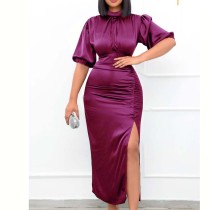 Été col haut couleur unie plissée taille haute tempérament robe de bureau jupe longue robe