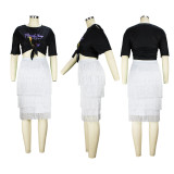 Plus size women's summer print short-sleeved t-shirt women's fringed skirt fashion skirt two-piece set