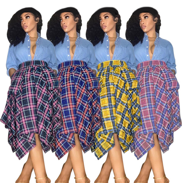 Women's Irregular Large Pocket Plaid Skirt