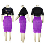 Summer women's printed short-sleeved t-shirt women's fringed fashion skirt suit