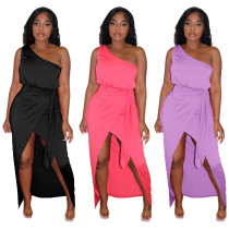 Women's Solid Color Slash Shoulder Slim Dress Irregular Skirt
