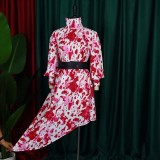 Women Summer Rose Modest Turtleneck Full Sleeves Tie Dye Belted Maxi Dress