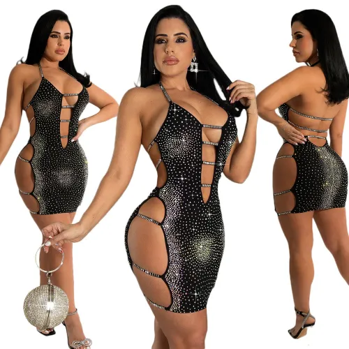 Women Sexy Hollow Out Backless Rhinestone Dress