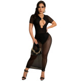 Women Sexy Solid Mesh Cut Out Short Sleeve Midi Dress
