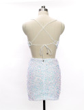 Mini vestido de lentejuelas con tirantes sólidos de moda de verano
