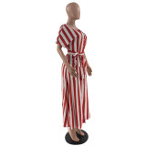 Women Striped Print V-Neck Shirt Dress