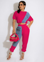 Women Fashion Solid Contrast With Denim Top And Pant Two Piece Set