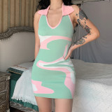 Women Fashion Knit Ripple Print Sleeveless Bodycon Dress