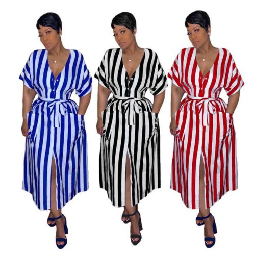 Women Striped Print V-Neck Shirt Dress