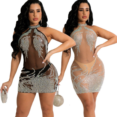 Vrouwen Sexy Mesh See Through Hollow Out Strass Bodycon Jurk