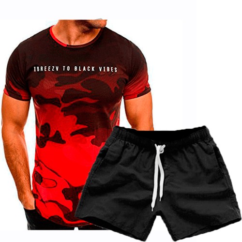Erkek Moda Spor Spor Kamuflaj Kısa Kollu T-Shirt Yaz İnce Kısa Kollu T-Shirt Seti