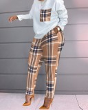 Conjunto de top y pantalón de manga larga con estampado a cuadros para mujer
