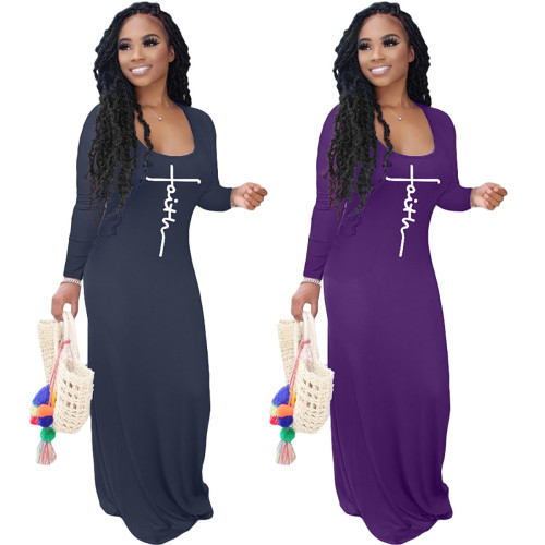 Kadın Modası Baskı Düz ​​Renk Uzun Kollu Maksi Elbise