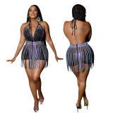 Sexy lace-up V-neck open back beaded playsuit tassels skirt two-piece set