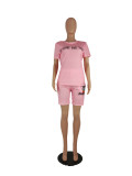 Women's Pink Fashion Cute Cartoon Print Casual Pocket Sports two Piece Shorts Set