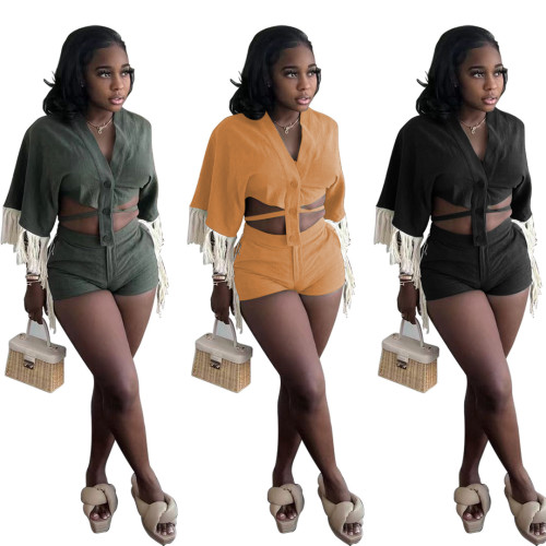 Sexy Women's Shorts Nightclub Solid Color Tassel Mid-Sleeve V-Neck Shirt Two Piece Shorts Set