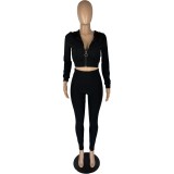 Women's high elastic solid color Rib Long Sleeve two-piece Tracksuit