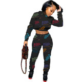 Women's Fashion Letter Print Hooded Sweater Sports Two Piece Set