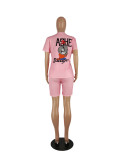 Conjunto de pantalones cortos deportivos de dos piezas con bolsillo informal con estampado de dibujos animados bonitos a la moda rosa para mujer