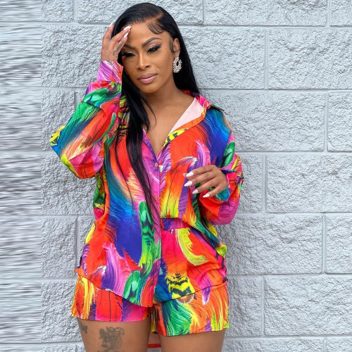 Sexy Loose Plus Size Multicolor Print Shirt and Shorts Two Piece Set