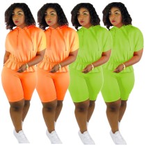 Mode d'été taille élastique à capuche couleur unie sport costume deux pièces pour femmes