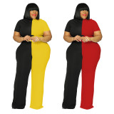Conjunto de pantalones de dos piezas informales de moda de color de contraste de patchwork de talla grande para mujer