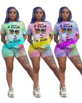 T-Shirt Top Shorts Zweiteiliges Set mit Schriftzug Tie Dye für Damen