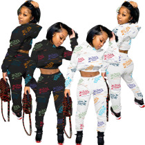 Conjunto de suéter esportivo com capuz e estampa de letras moda feminina conjunto de duas peças