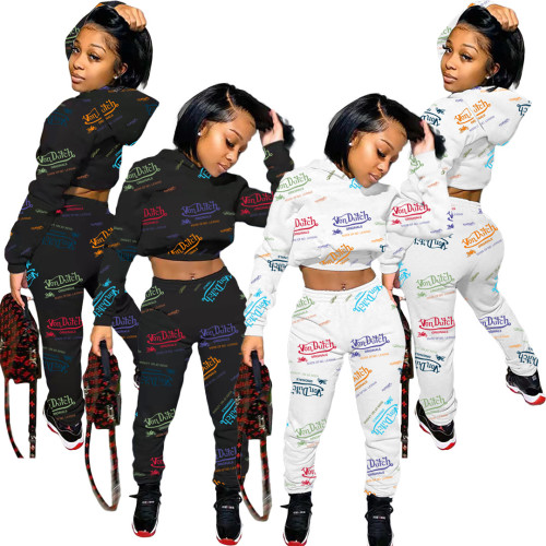 女性のファッションレタープリントフード付きセータースポーツツーピースセット