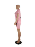 Women's Pink Fashion Cute Cartoon Print Casual Pocket Sports two Piece Shorts Set