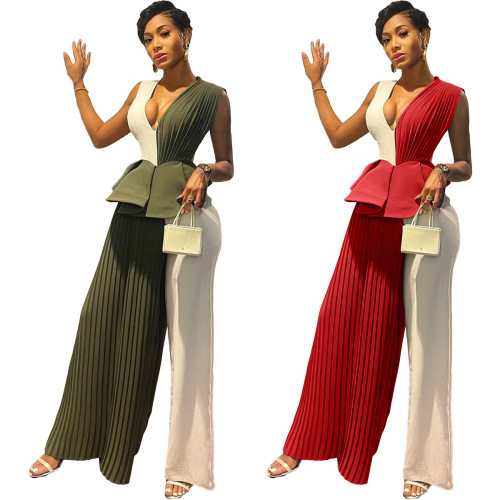 Fashion ruffled pleated patchwork jumpsuit