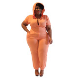 plus size solid zippered hooded jumpsuit with pockets casual pants